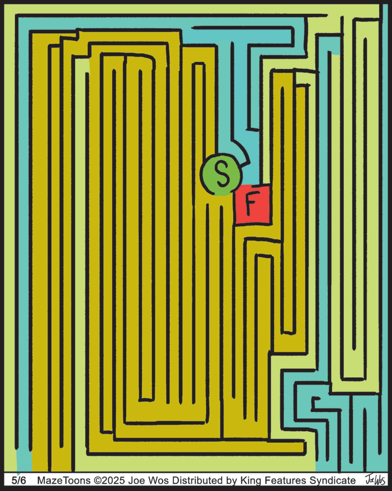 Graphic design OCR: 5/6 Maze Toons ©2025 Joe Wos Distributed by King Features Syndicate Jobs 5/6 Maze Toons © 2025 Joe Wos Distributed by King Features Syndicate Jobs