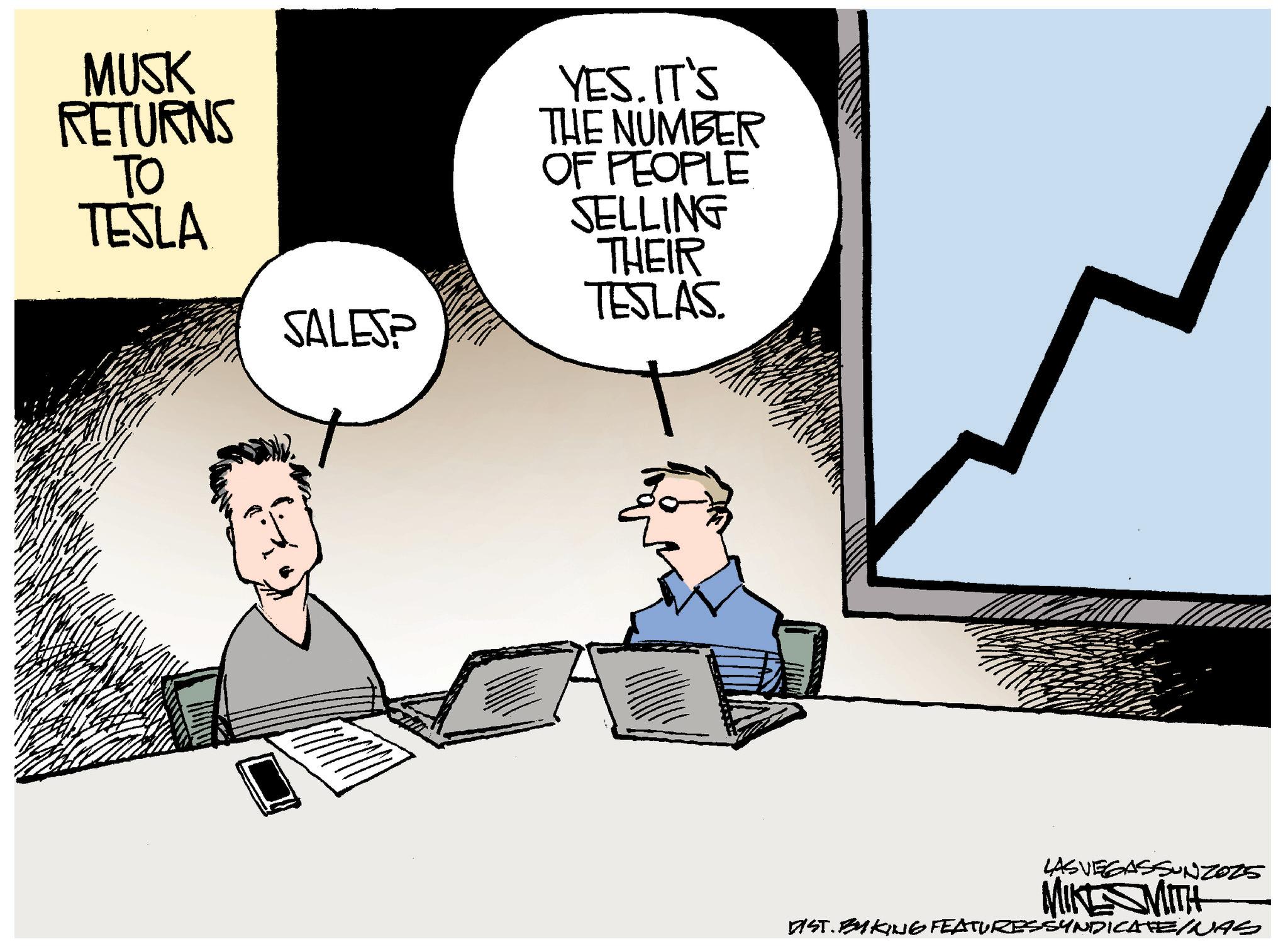 Fiction OCR: MUSK RETURNS TO TESLA SALESP YES. IT'S THE NUMBER OF PEOPLE SELLING THEIR TESLAS. LAS VEGASSUNZOZ5 MIKE SMITH DIST. BYKING FEATURES SYNDICATE/NAS MUSK RETURNS TO TESLA SALESP YES . IT'S THE NUMBER OF PEOPLE SELLING THEIR TESLAS . LAS VEGASSUNZOZ5 MIKE SMITH DIST . BYKING FEATURES SYNDICATE / NAS