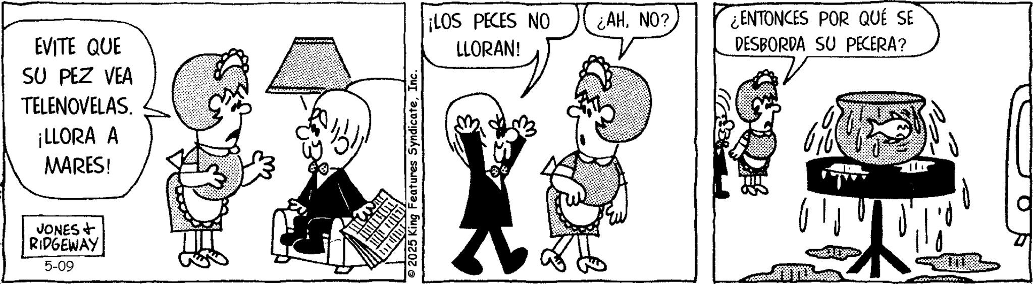 Fictional character OCR: EVITE QUE SU PEZ VEA TELENOVELAS. ¡LLORA A MARES! JONES + RIDGEWAY 5-09 2025 King Features SyndicateInc. ¡LOS PECES NO ¿AHNO? LLORAN! ¿ENTONCES POR QUÉ SE DESBORDA SU PECERA? EVITE QUE SU PEZ VEA TELENOVELAS . ¡ LLORA A MARES ! JONES + RIDGEWAY 5-09 2025 King Features SyndicateInc. ¡ LOS PECES NO ¿ AHNO ? LLORAN ! ¿ ENTONCES POR QUÉ SE DESBORDA SU PECERA ?