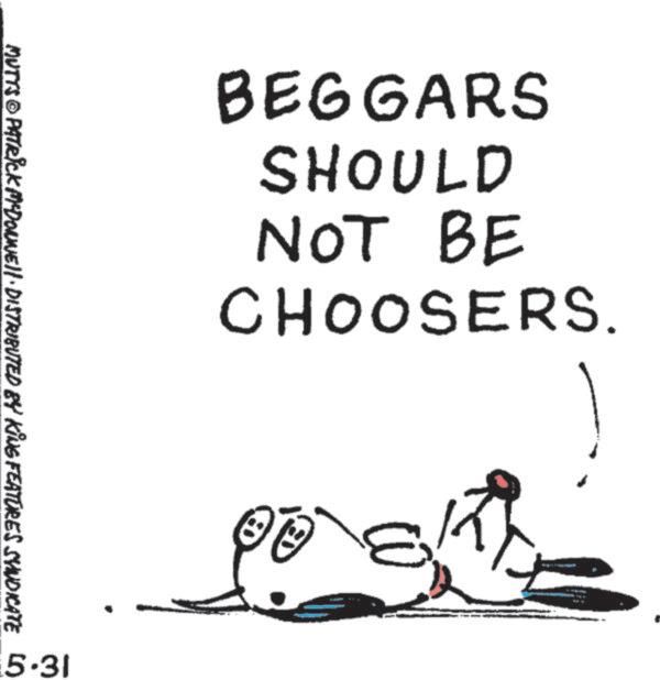 Ink OCR: BEGGARS SHOULD NOT BE CHOOSERS. MUTTS © PATRICK MYDONNE DISTRIBUTED BY KING FEATURES SYNDICATE 5.31 BEGGARS SHOULD NOT BE CHOOSERS . MUTTS © PATRICK MYDONNE DISTRIBUTED BY KING FEATURES SYNDICATE 5.31