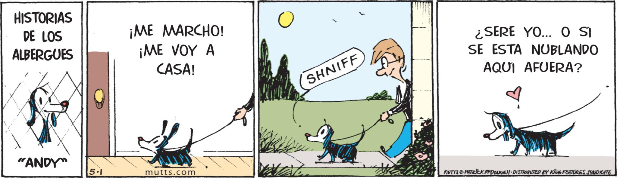 Comics OCR: HISTORIAS DE LOS ALBERGUES ¡ME MARCHO! ¡ME VOY A CASA! ? "ANDY" 5-1 mutts.com SHNIFF ¿SERE YO... O SI SE ESTA NUBLANDO AQUI AFUERA? MUTTS PATRICK DOWNE DISTRIBUTED BY KING FEATURES SYNDICATE HISTORIAS DE LOS ALBERGUES ¡ ME MARCHO ! ¡ ME VOY A CASA ! ? " ANDY " 5-1 mutts.com SHNIFF ¿ SERE YO ... O SI SE ESTA NUBLANDO AQUI AFUERA ? MUTTS PATRICK DOWNE DISTRIBUTED BY KING FEATURES SYNDICATE