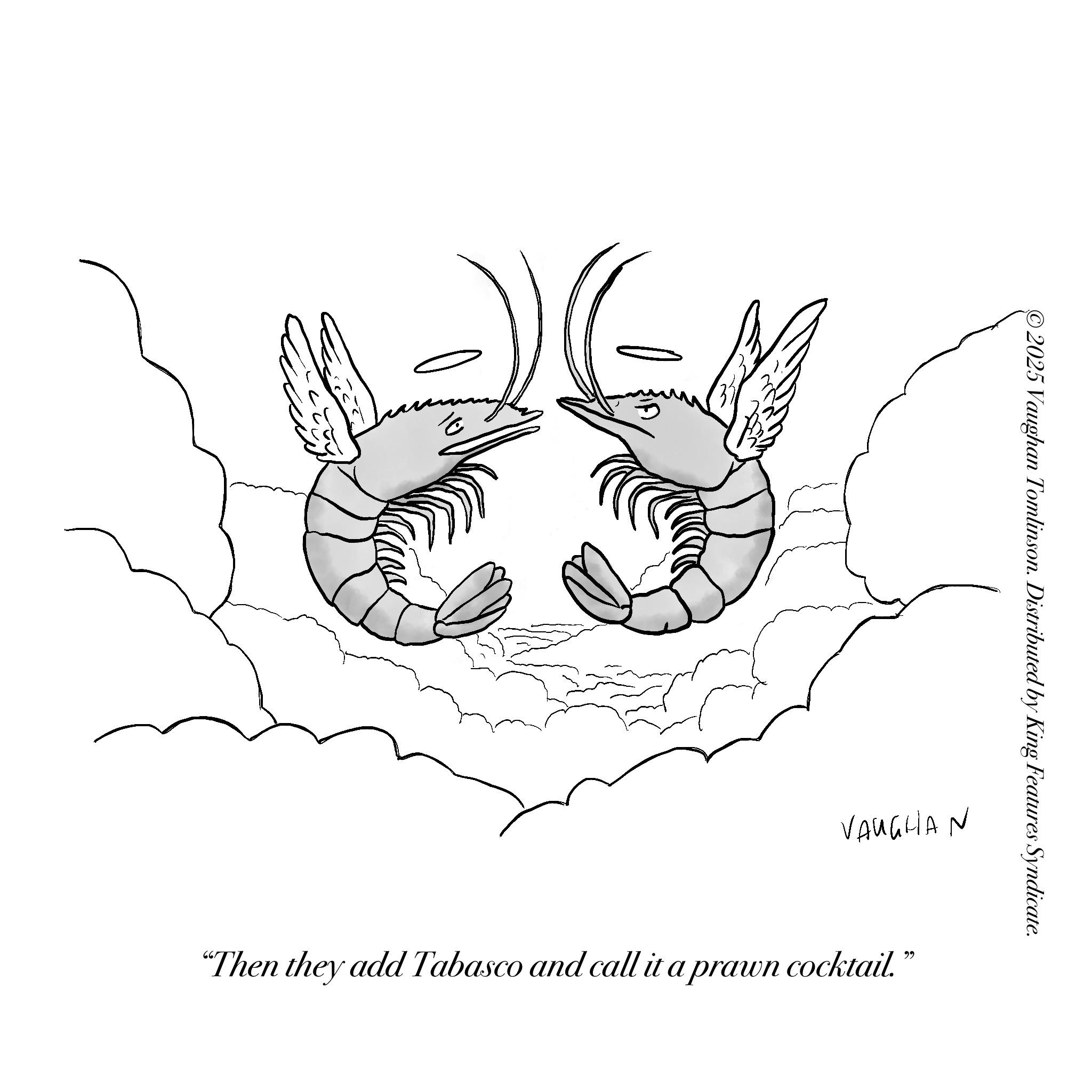 Seafood OCR: ? 2025 Vaughan Tomlinson. Distributed by King Features Syndicate. VAUGHAN "Then they add Tabasco and call it a prawn cocktail." ? 2025 Vaughan Tomlinson . Distributed by King Features Syndicate . VAUGHAN " Then they add Tabasco and call it a prawn cocktail . "