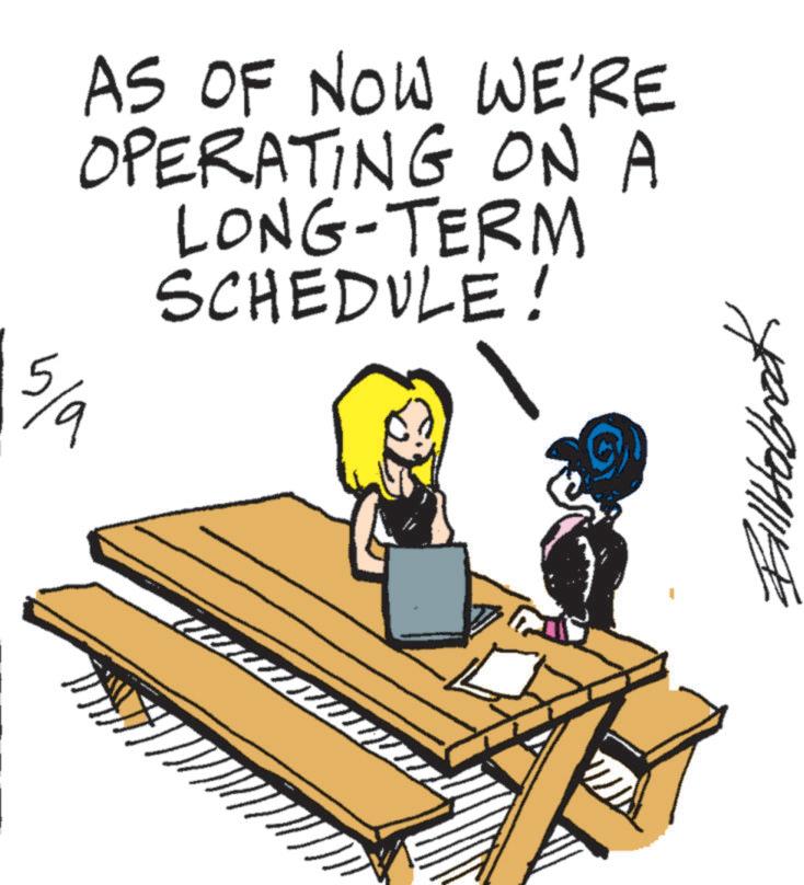 Animated cartoon OCR: ??????? AS OF NOW WE'RE OPERATING ON A LONG-TERM SCHEDULE! 5/9 ??????? AS OF NOW WE'RE OPERATING ON A LONG - TERM SCHEDULE ! 5/9