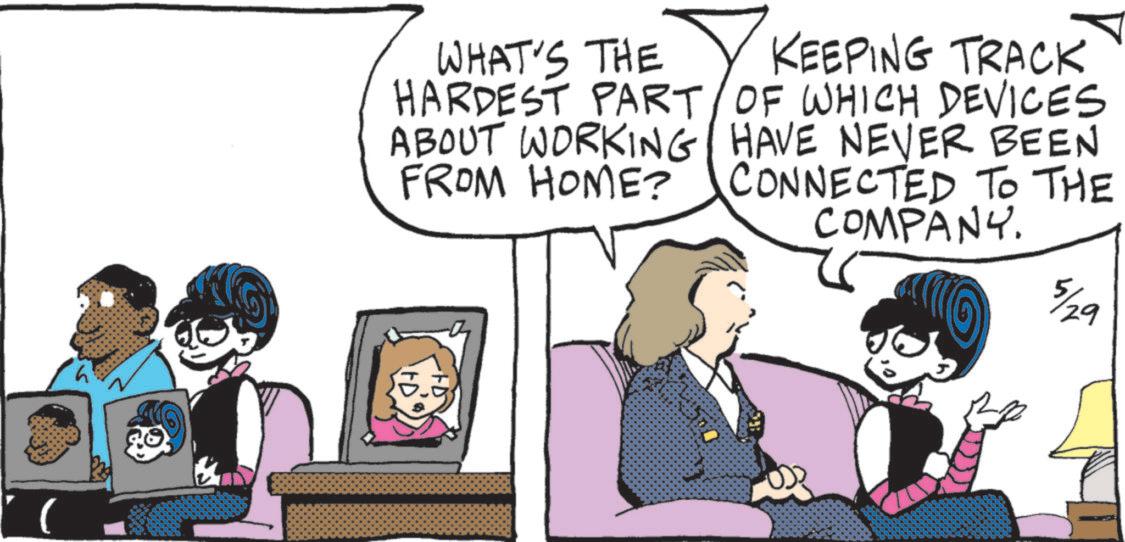 Animated cartoon OCR: WHAT'S THE KEEPING TRACK HARDEST PART OF WHICH DEVICES ABOUT WORKING HAVE NEVER BEEN FROM HOME? 2 CONNECTED TO THE COMPANY. 5/29 WHAT'S THE KEEPING TRACK HARDEST PART OF WHICH DEVICES ABOUT WORKING HAVE NEVER BEEN FROM HOME ? 2 CONNECTED TO THE COMPANY . 5/29