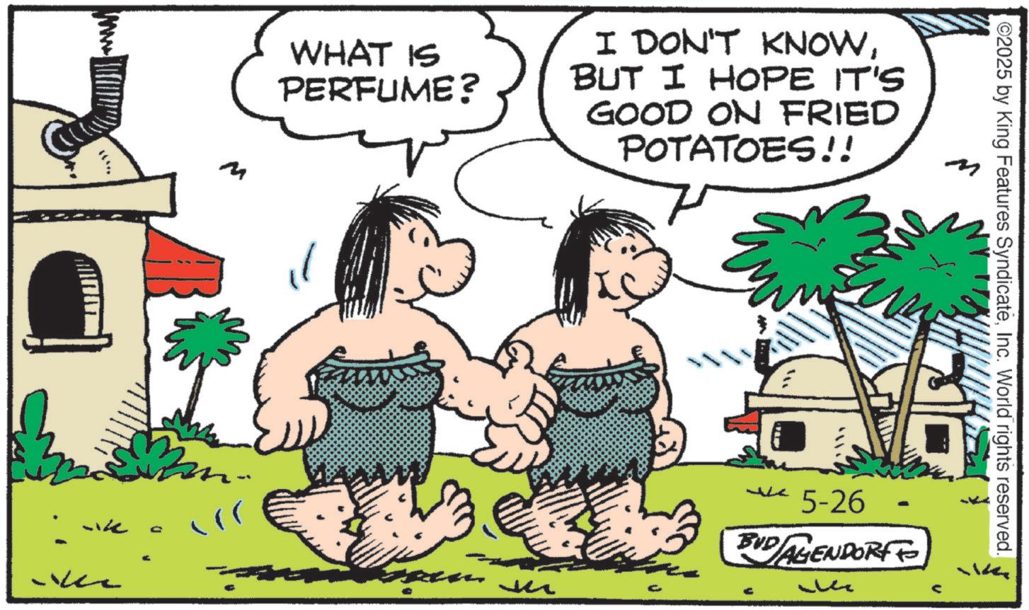 Animated cartoon OCR: WHAT IS PERFUME? I DON'T KNOWBUT I HOPE IT'S GOOD ON FRIED POTATOES!! m M wk ©2025 by King Features SyndicateInc. World rights reserved. ? 5-26 BUD AGENDORF WHAT IS PERFUME ? I DON'T KNOWBUT I HOPE IT'S GOOD ON FRIED POTATOES !! m M wk © 2025 by King Features SyndicateInc. World rights reserved . ? 5-26 BUD AGENDORF