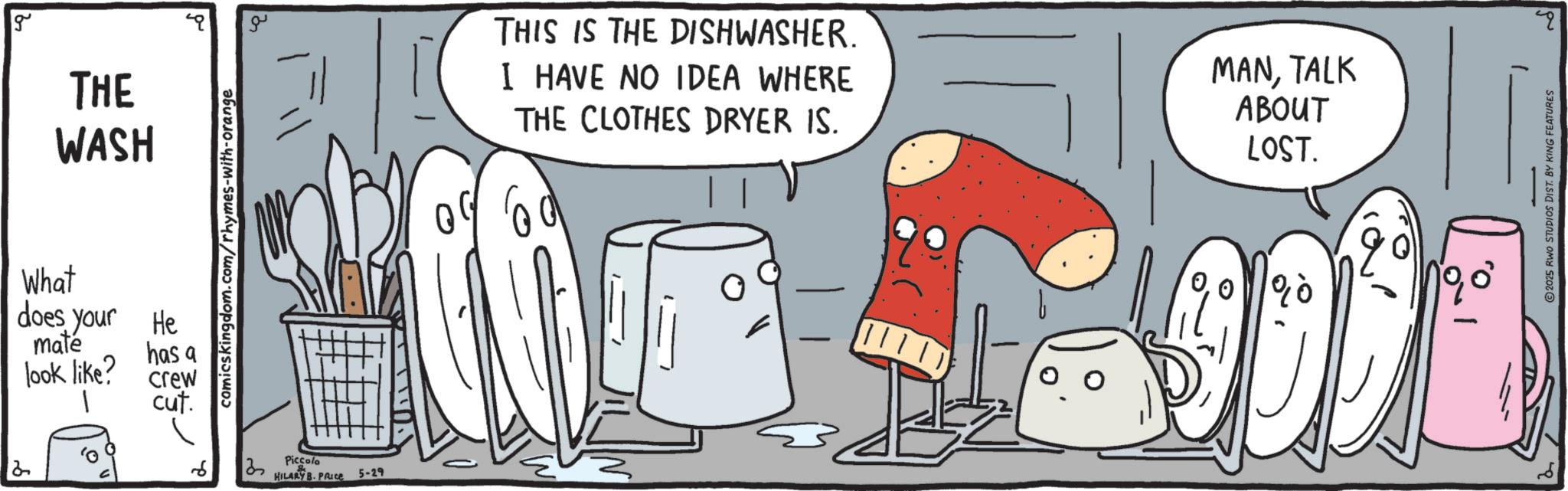 Animated cartoon OCR: g THE WASH comicskingdom.com/rhymes-with-orange What does your He maté has a look like? crew cut. 2 6 Piccolo HILARY B. PRICE 5-29 ??? THIS IS THE DISHWASHER. I HAVE NO IDEA WHERE THE CLOTHES DRYER IS. 60 MANTALK ABOUT LOST. $900 - 2025 RWO STUDIOS DIST. BY KING FEATURES g THE WASH comicskingdom.com/rhymes-with-orange What does your He maté has a look like ? crew cut . 2 6 Piccolo HILARY B. PRICE 5-29 ??? THIS IS THE DISHWASHER . I HAVE NO IDEA WHERE THE CLOTHES DRYER IS . 60 MANTALK ABOUT LOST . $ 900 - 2025 RWO STUDIOS DIST . BY KING FEATURES