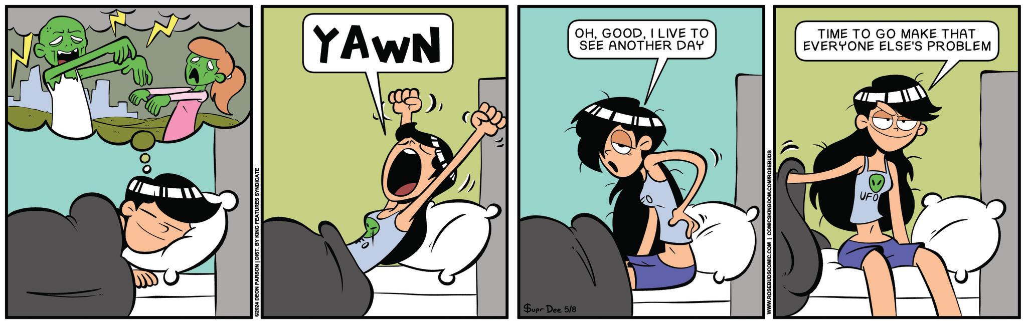 Fictional character OCR: ??? ©2024 DEON PARSON | DIST. BY KING FEATURES SYNDICATE YAWN OHI LIVE TO SEE ANOTHER DAY TIME TO GO MAKE THAT EVERYONE ELSE'S PROBLEM Supr Dee 5/8 UFO ??? © 2024 DEON PARSON | DIST . BY KING FEATURES SYNDICATE YAWN OHI LIVE TO SEE ANOTHER DAY TIME TO GO MAKE THAT EVERYONE ELSE'S PROBLEM Supr Dee 5/8 UFO