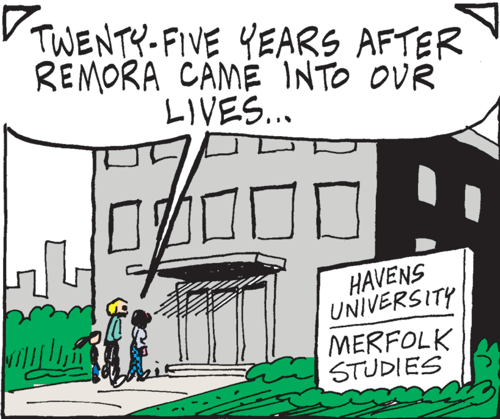 Animation OCR: ? TWENTY-FIVE YEARS AFTER REMORA CAME INTO OUR LIVES... HAVENS UNIVERSITY MERFOLK STUDIES ? TWENTY - FIVE YEARS AFTER REMORA CAME INTO OUR LIVES ... HAVENS UNIVERSITY MERFOLK STUDIES