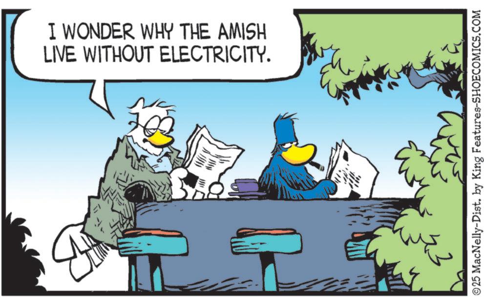 Graphics OCR: I WONDER WHY THE AMISH LIVE WITHOUT ELECTRICITY. ©25 MacNelly-Dist. by King Features-SHOECOMICS.COM I WONDER WHY THE AMISH LIVE WITHOUT ELECTRICITY . © 25 MacNelly - Dist . by King Features-SHOECOMICS.COM
