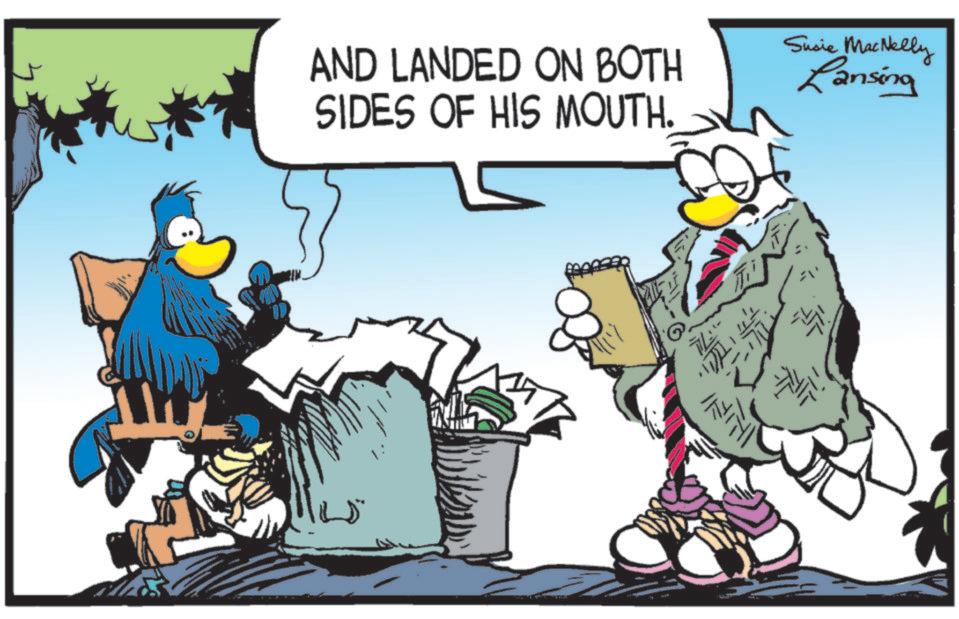 Comics OCR: AND LANDED ON BOTH SIDES OF HIS MOUTH. Susie MacNelly Lansing ? AND LANDED ON BOTH SIDES OF HIS MOUTH . Susie MacNelly Lansing ?