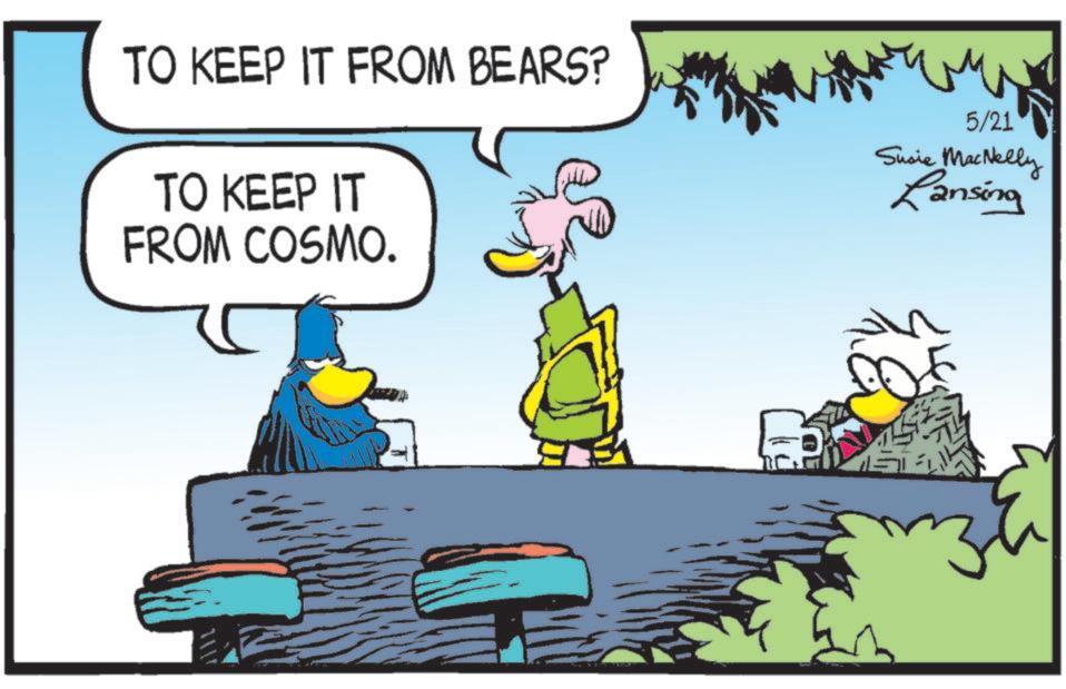 Fictional character OCR: TO KEEP IT FROM BEARS? TO KEEP IT FROM COSMO. 5/21 Susie MacNelly Lansing TO KEEP IT FROM BEARS ? TO KEEP IT FROM COSMO . 5/21 Susie MacNelly Lansing