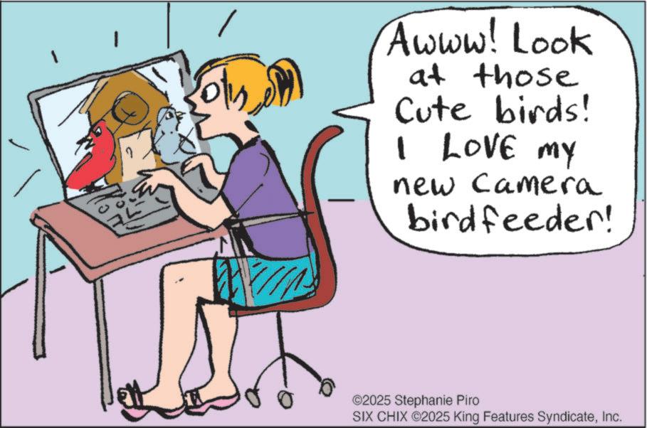 Computer OCR: Awww! Look at those Cute birds! I LOVE MY my new Camera birdfeeder! ©2025 Stephanie Piro SIX CHIX ©2025 King Features SyndicateInc. Awww ! Look at those Cute birds ! I LOVE MY my new Camera birdfeeder ! © 2025 Stephanie Piro SIX CHIX © 2025 King Features Syndicate