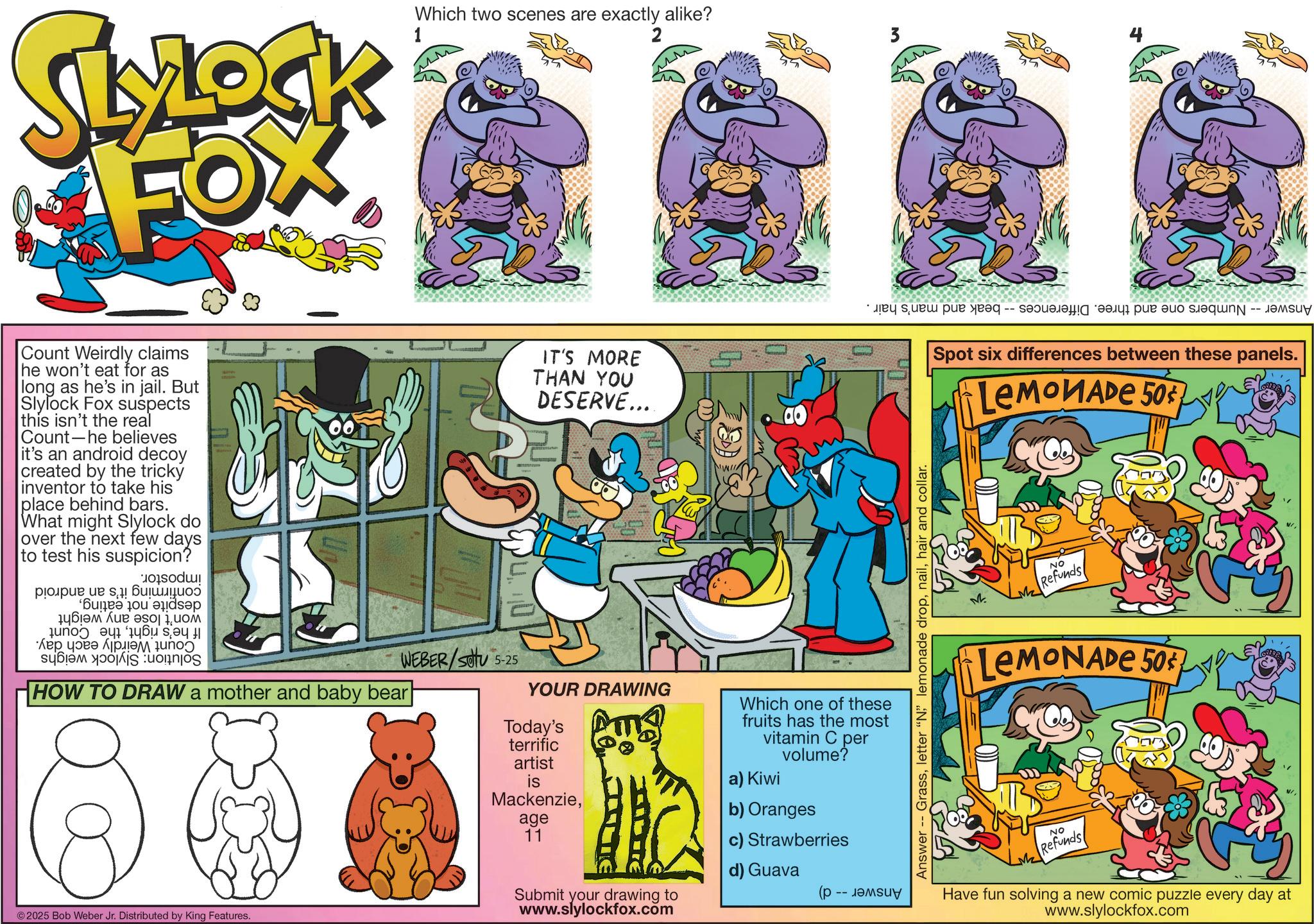 Pleased OCR: SLYLOCK FOX Which two scenes are exactly alike? 1 2 3 Count Weirdly claims he won't eat for as long as he's in jail. But Slylock Fox suspects this isn't the real Count-he believes it's an android decoy created by the tricky inventor to take his place behind bars. What might Slylock do over the next few days to test his suspicion? ???? ?? ! ????? Be a p i w ??? ???? ???? sa HOW TO DRAW a mother and baby bear 2025 Bob Weber Jr. Distributed by King Features. IT'S MORE THAN YOU DESERVE.... WEBER/SOU 5-25 YOUR DRAWING Today's terrific artist is Mackenziea) Kiwi age 11 •??? ??? ??? -- ????????? ??? ??? ??q -- ??suy Submit your drawing to www.slylockfox.com Which one of these fruits has the most vitamin C per volume? b) Oranges c) Strawberries d) Guava (p Answer -- Grasshair and collar. Spot six differences between these panels. ?????? 50% M NO Refunds LEMONADE 50 NO Refunds Have fun solving a new comic puzzle every day at www.slylockfox.com SLYLOCK FOX Which two scenes are exactly alike ? 1 2 3 Count Weirdly claims he won't eat for as long as he's in jail . But Slylock Fox suspects this isn't the real Count - he believes it's an android decoy created by the tricky inventor to take his place behind bars . What might Slylock do over the next few days to test his suspicion ? ???? ?? ! ????? Be a p i w ??? ???? ???? sa HOW TO DRAW a mother and baby bear 2025 Bob Weber Jr. Distributed by King Features . IT'S MORE THAN YOU DESERVE .... WEBER / SOU 5-25 YOUR DRAWING Today's terrific artist is Mackenziea ) Kiwi age 11 • ??? ??? ??? -- ????????? ??? ??? ??q -- ??suy Submit your drawing to www.slylockfox.com Which one of these fruits has the most vitamin C per volume ? b ) Oranges c ) Strawberries d ) Guava ( p Answer -- Grassletter " N " lemonade drophair and collar . Spot six differences between these panels . ?????? 50 % M NO Refunds LEMONADE 50 NO Refunds Have fun solving a new comic puzzle every day at www.slylockfox.com