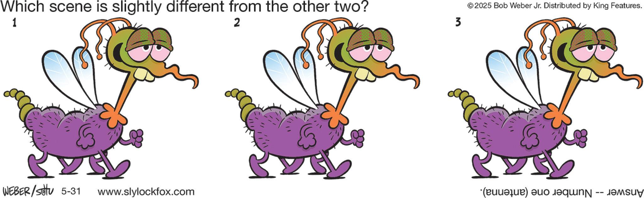 Line art OCR: Which scene is slightly different from the other two? 1 2 © 2025 Bob Weber Jr. Distributed by King Features. 3 WEBER/Sotu 5-31 www.slylockfox.com (??????) ??? ???? -- ???suy Which scene is slightly different from the other two ? 1 2 © 2025 Bob Weber Jr. Distributed by King Features . 3 WEBER / Sotu 5-31 www.slylockfox.com ( ?????? ) ??? ???? -- ???suy