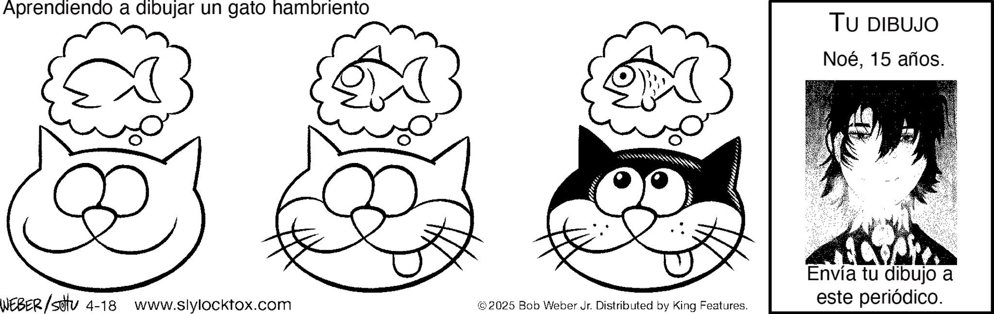 Terrestrial animal OCR: Aprendiendo a dibujar un gato hambriento TU DIBUJO Noé15 años. WEBER/Sotu 4-18 www.slylocktox.com © 2025 Bob Weber Jr. Distributed by King Features. Envía tu dibujo a este periódico. Aprendiendo a dibujar un gato hambriento TU DIBUJO Noé15 años . WEBER / Sotu 4-18 www.slylocktox.com © 2025 Bob Weber Jr. Distributed by King Features . Envía tu dibujo a este periódico .