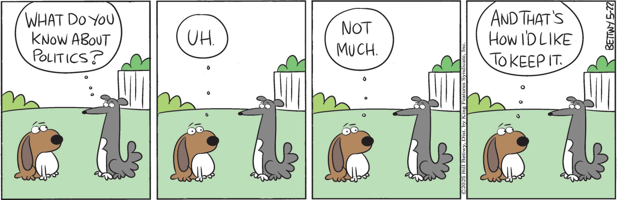 Canidae OCR: WHAT DO YOU KNOW ABOUT POLITICS? 60 0 UH. ° NOT MUCH. ©2025 Bill BettwyInc. AND THAT'S HOW I'D LIKE TO KEEP IT BETTWY 5-22 WHAT DO YOU KNOW ABOUT POLITICS ? 60 0 UH . ° NOT MUCH . © 2025 Bill BettwyDist . by King Features SyndicateInc. AND THAT'S HOW I'D LIKE TO KEEP IT BETTWY 5-22