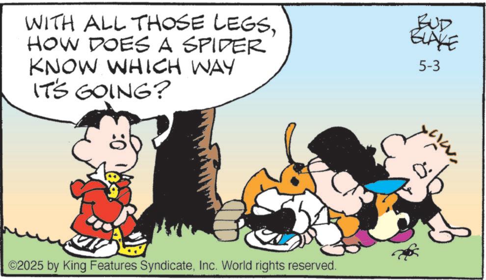 Comic book OCR: WITH ALL THOSE LEGSHOW DOES A SPIDER KNOW WHICH WAY IT'S GOING? BUD BLAKE 5-3 ©2025 by King Features SyndicateInc. World rights reserved. WITH ALL THOSE LEGSHOW DOES A SPIDER KNOW WHICH WAY IT'S GOING ? BUD BLAKE 5-3 © 2025 by King Features SyndicateInc. World rights reserved .