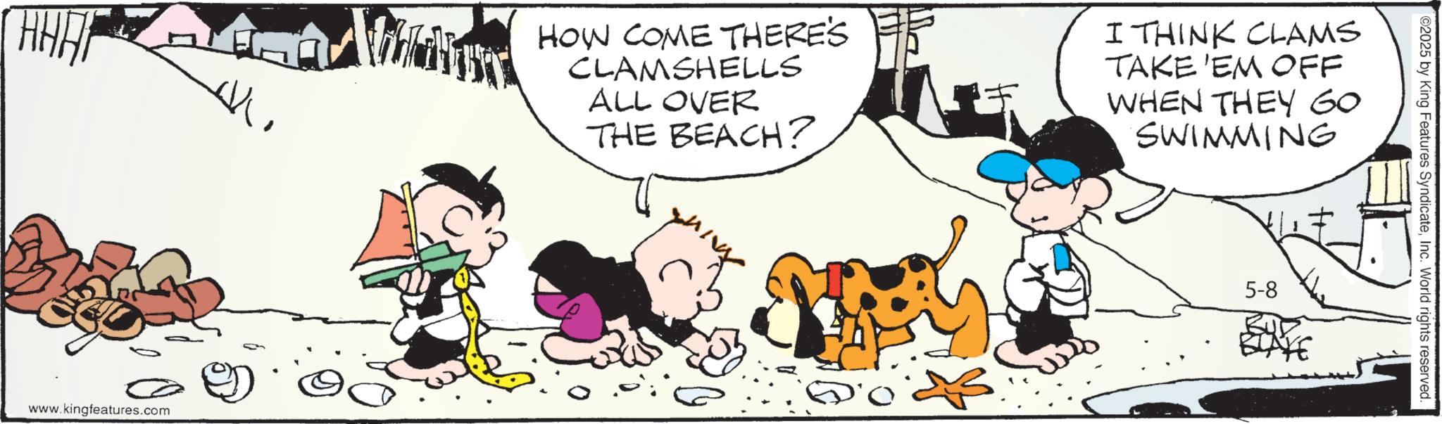 Fictional character OCR: HHA HOW COME THERE'S CLAMSHELLS ALL OVER THE BEACH? I THINK CLAMS TAKE 'EM OFF WHEN THEY GO SWIMMING www.kingfeatures.com ©2025 by King Features SyndicateInc. World rights reserved. 5-8 BLAYE HHA HOW COME THERE'S CLAMSHELLS ALL OVER THE BEACH ? I THINK CLAMS TAKE ' EM OFF WHEN THEY GO SWIMMING www.kingfeatures.com © 2025 by King Features SyndicateInc. World rights reserved . 5-8 BLAYE