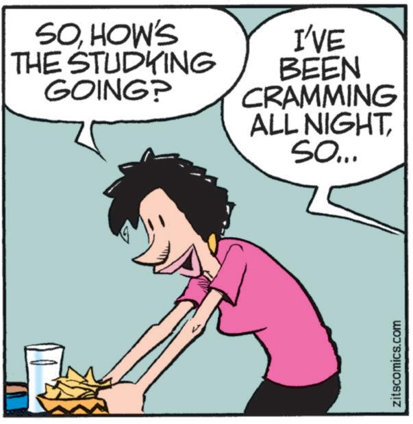 Photo caption OCR: SOHOW'S THE STUDYING GOING? I'VE BEEN CRAMMING ALL NIGHT so... zitscomics.com SOHOW'S THE STUDYING GOING ? I'VE BEEN CRAMMING ALL NIGHT so ... zitscomics.com