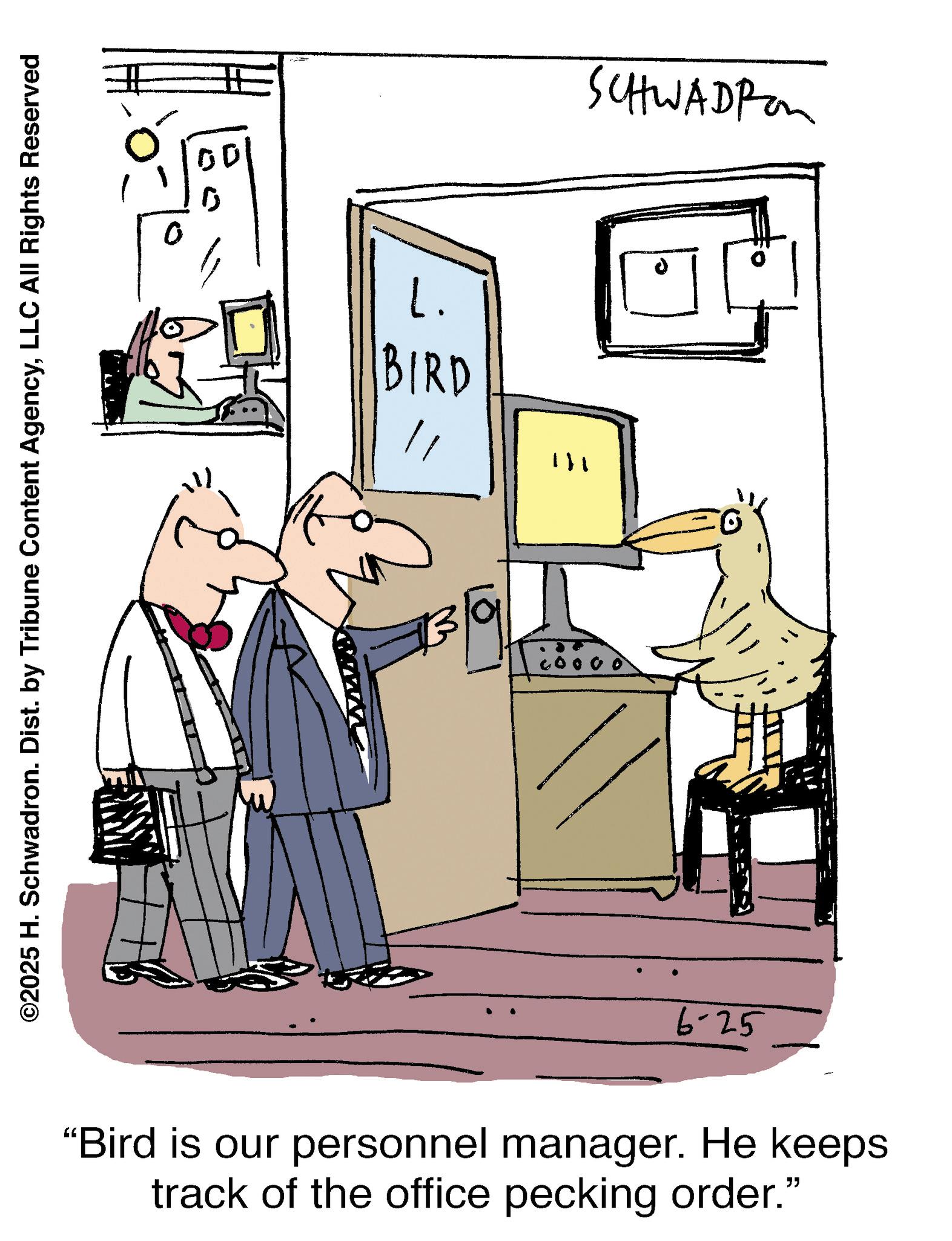 Fiction OCR: ©2025 H. Schwadron. Dist. by Tribune Content AgencyLLC All Rights Reserved www L. BIRD ??? // SCHWADPon 6-25 "Bird is our personnel manager. He keeps track of the office pecking order." © 2025 H. Schwadron . Dist . by Tribune Content AgencyLLC All Rights Reserved www L. BIRD ??? // SCHWADPon 6-25 " Bird is our personnel manager . He keeps track of the office pecking order . "