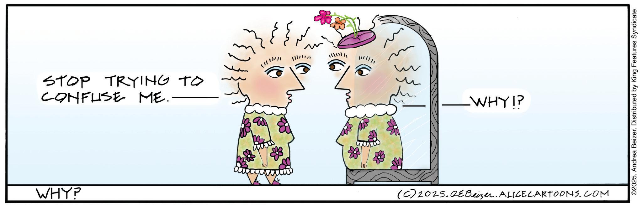 Animated cartoon OCR: STOP TRYING TO CONFUSE ME. WHY? WHY IP (C)2025.QE Beizer. ALICE CARTOONS.COM O2025. Andrea Beizer. Distributed by King Features Syndicate STOP TRYING TO CONFUSE ME . WHY ? WHY IP ( C ) 2025.QE Beizer . ALICE CARTOONS.COM O2025 . Andrea Beizer . Distributed by King Features Syndicate