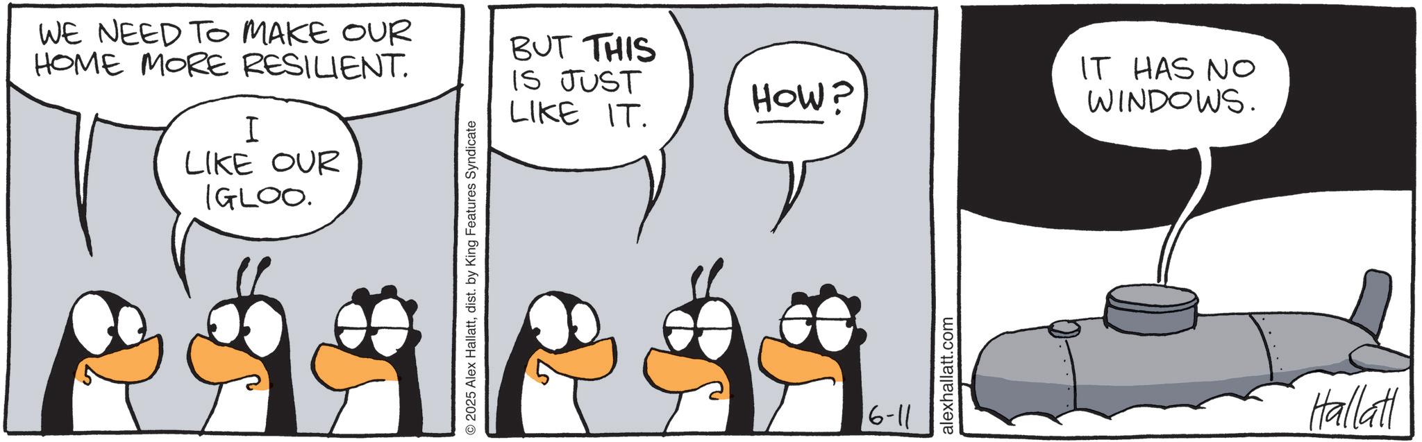 Animated cartoon OCR: WE NEED TO MAKE OUR HOME MORE RESILIENT. I LIKE OUR IGLOO. O2025 Alex Hallattdist. by King Features Syndicate BUT THIS IS JUST LIKE IT. HOW? 6-11 alexhallatt.com IT HAS NO WINDOWS. Hallatt WE NEED TO MAKE OUR HOME MORE RESILIENT . I LIKE OUR IGLOO . O2025 Alex Hallattdist . by King Features Syndicate BUT THIS IS JUST LIKE IT . HOW ? 6-11 alexhallatt.com IT HAS NO WINDOWS . Hallatt