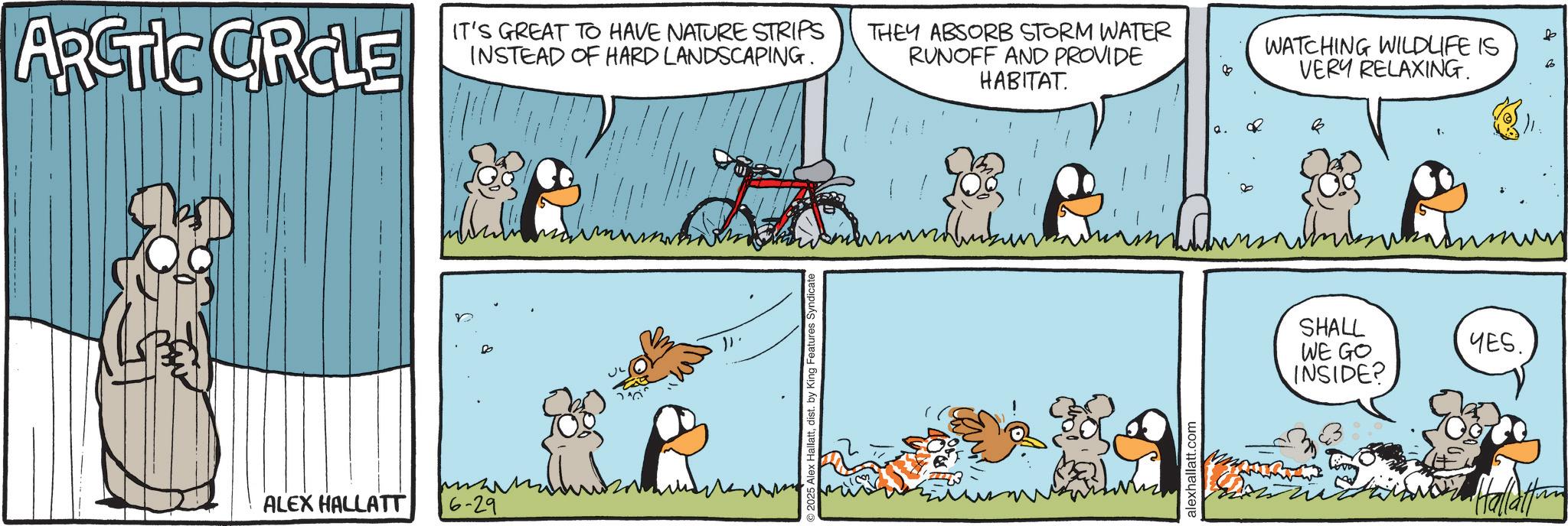 Fictional character OCR: ARCTIC GROLE ALEX HALLATT 6-29 IT'S GREAT TO HAVE NATURE STRIPS INSTEAD OF HARD LANDSCAPING. THEY ABSORB STORM WATER RUNOFF AND PROVIDE HABITAT. © 2025 Alex Hallattdist. by King Features Syndica alexhallatt.com WATCHING WILDLIFE IS VERY RELAXING. SHALL WE GO INSIDE? YES. Hallat ARCTIC GROLE ALEX HALLATT 6-29 IT'S GREAT TO HAVE NATURE STRIPS INSTEAD OF HARD LANDSCAPING . THEY ABSORB STORM WATER RUNOFF AND PROVIDE HABITAT . © 2025 Alex Hallattdist . by King Features Syndica alexhallatt.com WATCHING WILDLIFE IS VERY RELAXING . SHALL WE GO INSIDE ? YES . Hallat