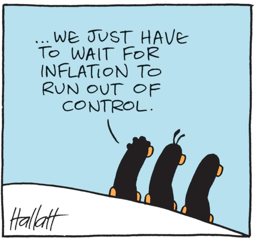 Photo caption OCR: WE JUST HAVE TO WAIT FOR INFLATION TO RUN OUT OF CONTROL. Hallatt 00 WE JUST HAVE TO WAIT FOR INFLATION TO RUN OUT OF CONTROL . Hallatt 00