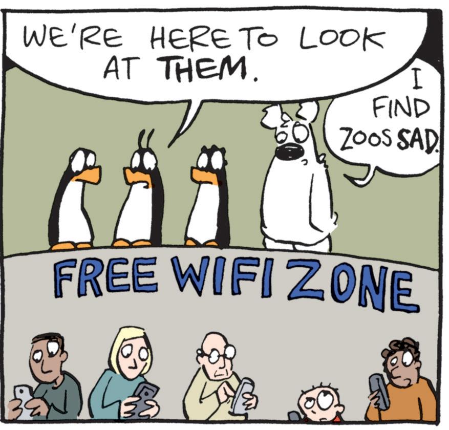 Animated cartoon OCR: WE'RE HERE TO LOOK AT THEM. ?? I FIND ZOOS SAD FREE WIFI ZONE WE'RE HERE TO LOOK AT THEM . ?? I FIND ZOOS SAD FREE WIFI ZONE