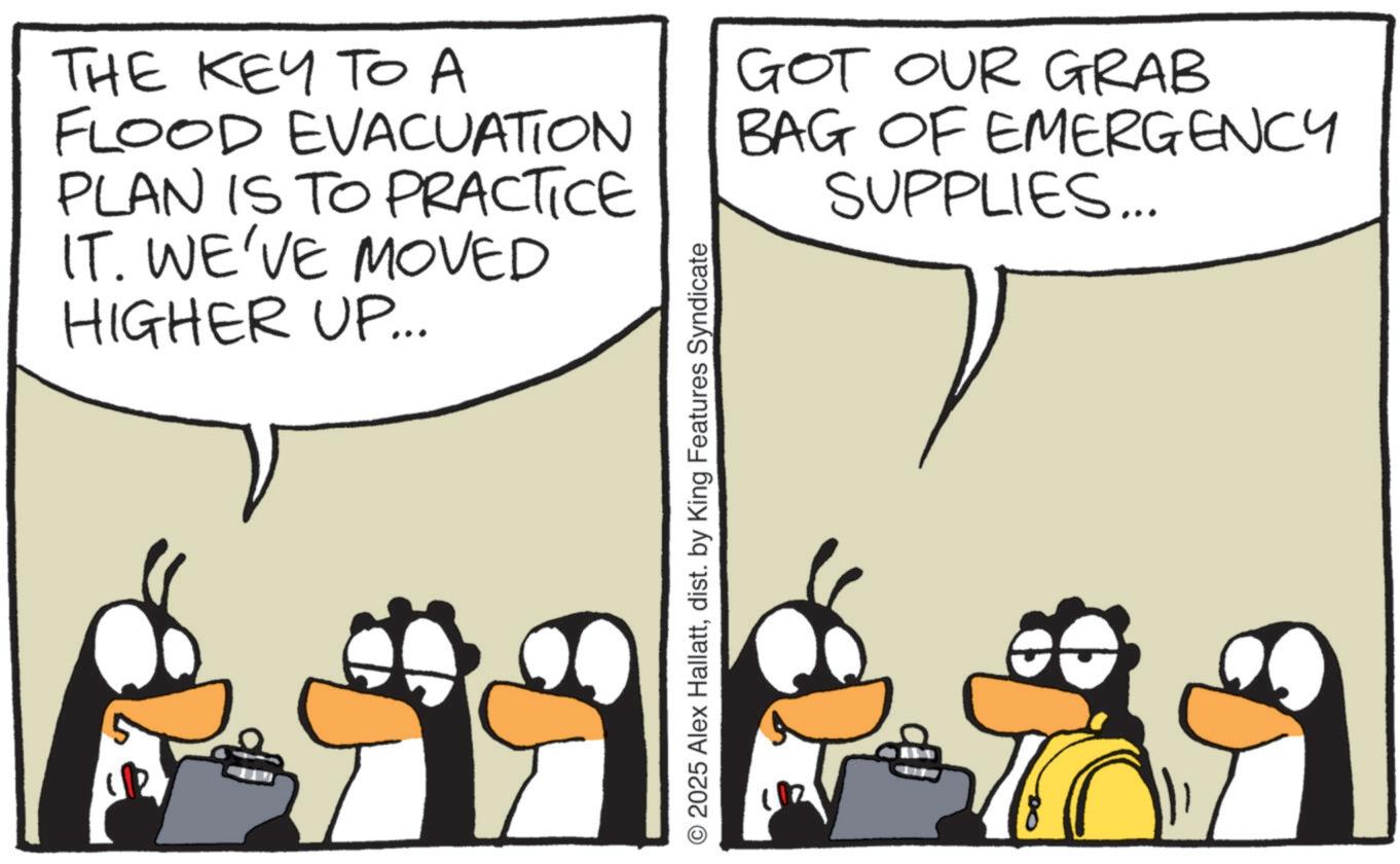 Fiction OCR: THE KEY TO A FLOOD EVACUATION PLAN IS TO PRACTICE IT. WE'VE MOVED HIGHER UP... © 2025 Alex Hallattdist. by King Features Syndicate GOT OUR GRAB ?? BAG OF EMERGENCY SUPPLIES... THE KEY TO A FLOOD EVACUATION PLAN IS TO PRACTICE IT . WE'VE MOVED HIGHER UP ... © 2025 Alex Hallattdist . by King Features Syndicate GOT OUR GRAB ?? BAG OF EMERGENCY SUPPLIES ...