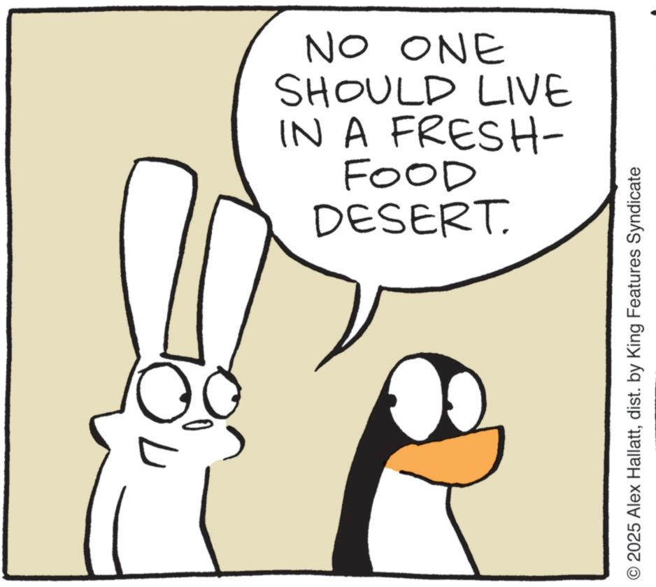 Clip art OCR: NO ONE SHOULD LIVE IN A FRESH- FOOD DESERT. O2025 Alex Hallattdist. by King Features Syndicate NO ONE SHOULD LIVE IN A FRESH- FOOD DESERT . O2025 Alex Hallattdist . by King Features Syndicate