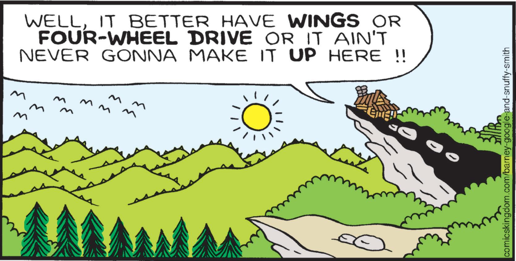 Animation OCR: M m m WELLIT BETTER HAVE WINGS OR FOUR-WHEEL DRIVE OR IT AIN'T NEVER GONNA MAKE IT UP HERE !! 33 Emen comicskingdom.com/barney-google-and-snuffy-smith M m m WELLIT BETTER HAVE WINGS OR FOUR - WHEEL DRIVE OR IT AIN'T NEVER GONNA MAKE IT UP HERE !! 33 Emen comicskingdom.com/barney-google-and-snuffy-smith