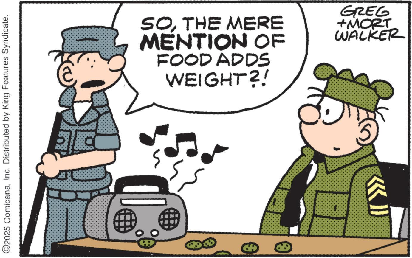 Comic book OCR: ©2025 ComicanaInc. Distributed by King Features Syndicate. SOTHE MERE MENTION OF FOOD ADDS WEIGHT?! GREG +MORT WALKER © 2025 ComicanaInc. Distributed by King Features Syndicate . SOTHE MERE MENTION OF FOOD ADDS WEIGHT ?! GREG + MORT WALKER