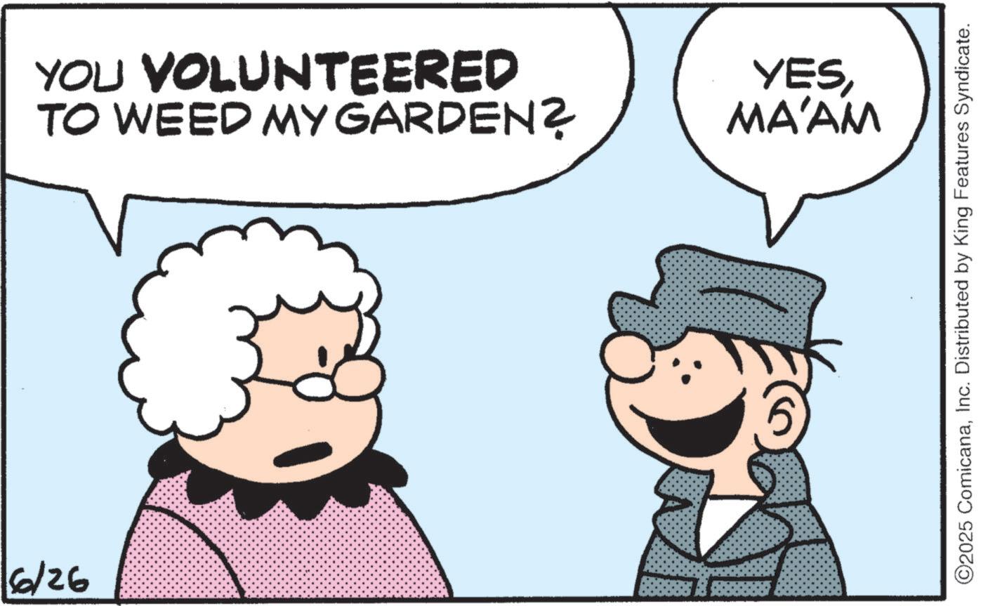 Photo caption OCR: 6/26 YOU VOLUNTEERED YESTO WEED MY GARDEN? MA'AM ©2025 ComicanaInc. Distributed by King Features Syndicate. 6/26 YOU VOLUNTEERED YESTO WEED MY GARDEN ? MA'AM © 2025 ComicanaInc. Distributed by King Features Syndicate .