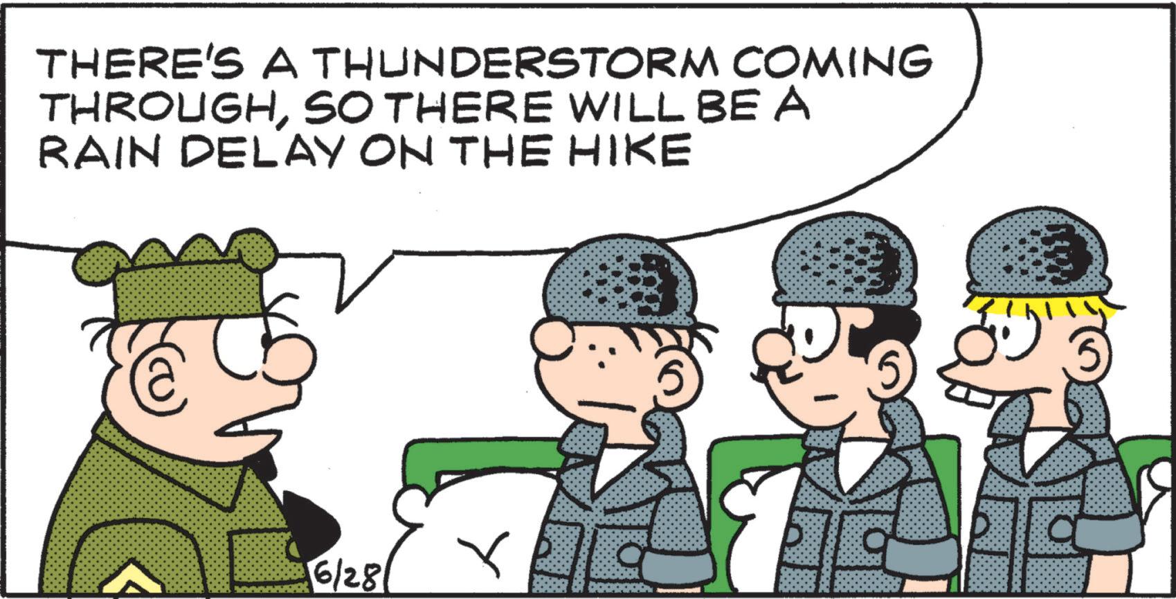 Fictional character OCR: THERE'S A THUNDERSTORM COMING THROUGHSO THERE WILL BE A RAIN DELAY ON THE HIKE 6/28 5 THERE'S A THUNDERSTORM COMING THROUGHSO THERE WILL BE A RAIN DELAY ON THE HIKE 6/28 5