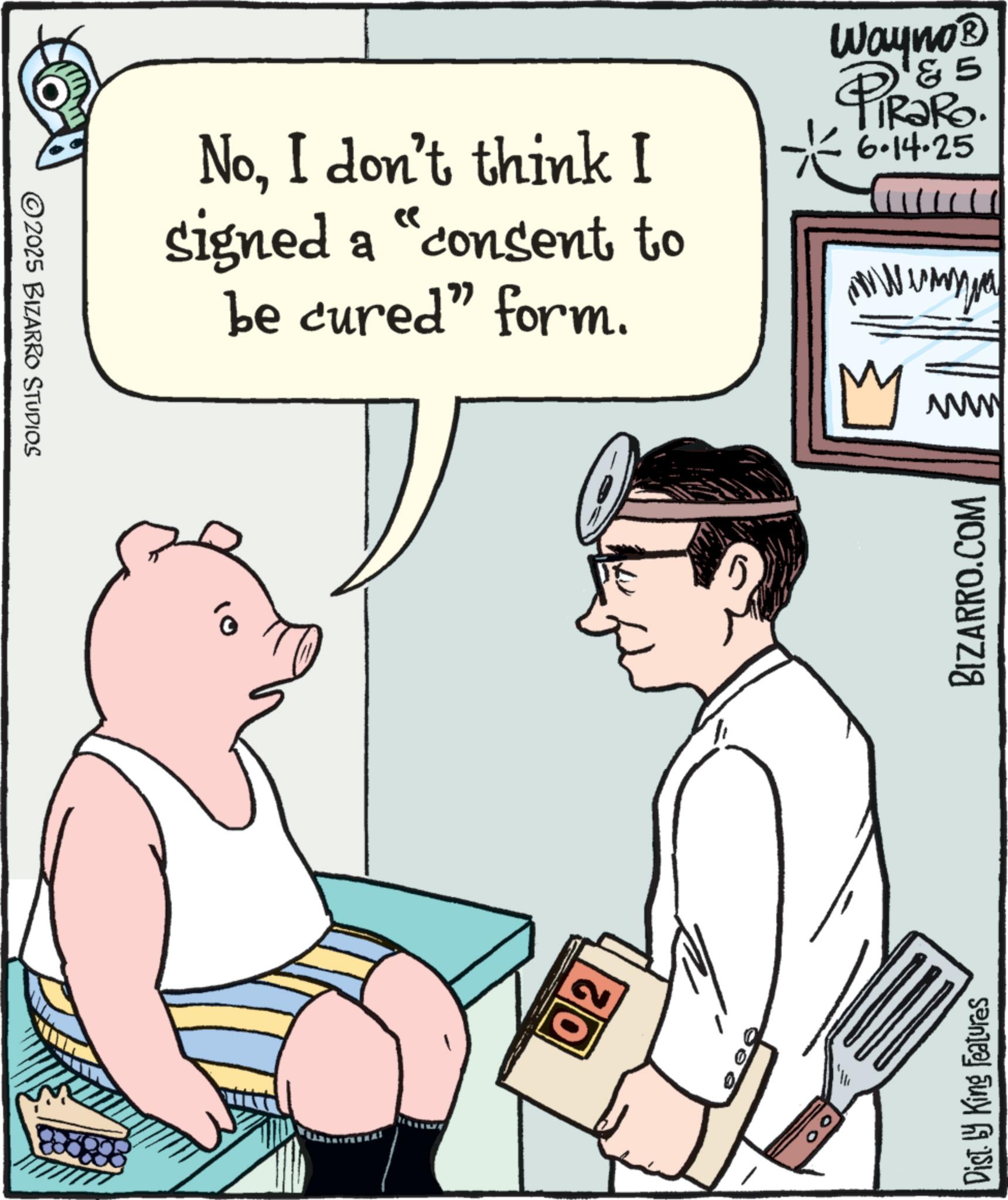 Animated cartoon OCR: 2025 BIZARRO STUDIOS NoI don't think I signed a "consent to be cured" form. 5 Wayno? PIRORO. 6.14.25 111 www umywa 02 M www Disty King Features BIZARRO.COM 2025 BIZARRO STUDIOS NoI don't think I signed a " consent to be cured " form . 5 Wayno? PIRORO . 6.14.25 111 www umywa 02 M www Disty King Features BIZARRO.COM