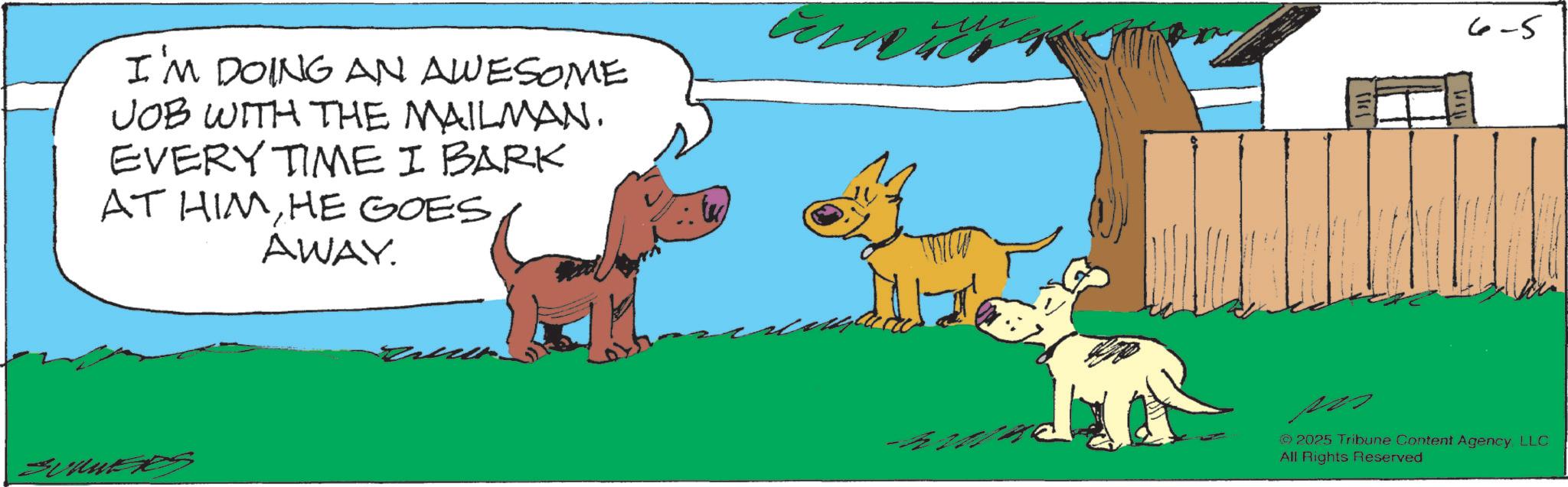 Clip art OCR: I'M DOING AN AWESOME JOB WITH THE MAILMAN. EVERY TIME I BARK AT HIMHE GOES AWAY. 6-5 © 2025 Tribune Content AgencyLLC All Rights Reserved I'M DOING AN AWESOME JOB WITH THE MAILMAN . EVERY TIME I BARK AT HIMHE GOES AWAY . 6-5 © 2025 Tribune Content AgencyLLC All Rights Reserved