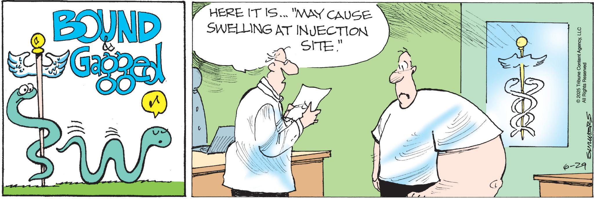 Fiction OCR: BOUND Gagger ? sw HERE IT IS... "MAY CAUSE SWELLING AT INJECTION SITE." SUMMERS ©2025 Tribune Content AgencyLLC All Rights Reserved 6-29 BOUND Gagger ? sw HERE IT IS ... " MAY CAUSE SWELLING AT INJECTION SITE . " SUMMERS © 2025 Tribune Content AgencyLLC All Rights Reserved 6-29