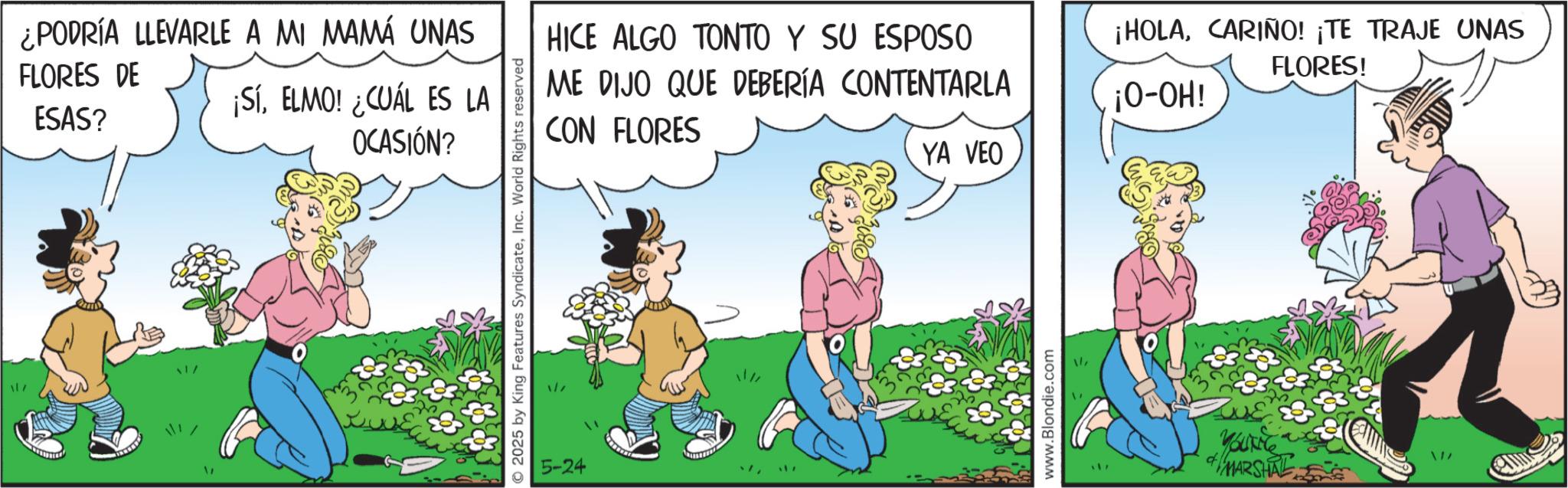 Comic book OCR: 11/ ¿PODRÍA LLEVARLE A MI MAMÁ UNAS FLORES DE ESAS? ¡SÍELMO! ¿CUÁL ES LA OCASIÓN? 2025 by King Features SyndicateInc. World Rights reserved 5-24 HICE ALGO TONTO Y SU ESPOSO ME DIJO QUE DEBERÍA CONTENTARLA CON FLORES ¡HOLACARIÑO! ¡TE TRAJE UNAS FLORES! ¡O-OH! YA VEO 11/1 117 www.Blondie.com " 117 MARSHAL 11 / ¿ PODRÍA LLEVARLE A MI MAMÁ UNAS FLORES DE ESAS ? ¡ SÍELMO ! ¿ CUÁL ES LA OCASIÓN ? 2025 by King Features SyndicateInc. World Rights reserved 5-24 HICE ALGO TONTO Y SU ESPOSO ME DIJO QUE DEBERÍA CONTENTARLA CON FLORES ¡ HOLACARIÑO ! ¡ TE TRAJE UNAS FLORES ! ¡ O - OH ! YA VEO 11/1 117 www.Blondie.com " 117 MARSHAL