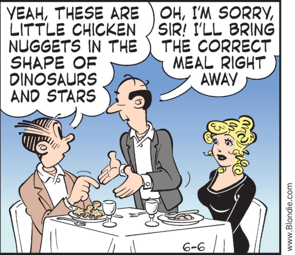 Animated cartoon OCR: YEAHTHESE ARE LITTLE CHICKEN NUGGETS IN THE SHAPE OF DINOSAURS AND STARS OHSIR! I'LL BRING THE CORRECT MEAL RIGHT AWAY 6-6 www.Blondie.com YEAHTHESE ARE LITTLE CHICKEN NUGGETS IN THE SHAPE OF DINOSAURS AND STARS OHI'M SORRYSIR ! I'LL BRING THE CORRECT MEAL RIGHT AWAY 6-6 www.Blondie.com