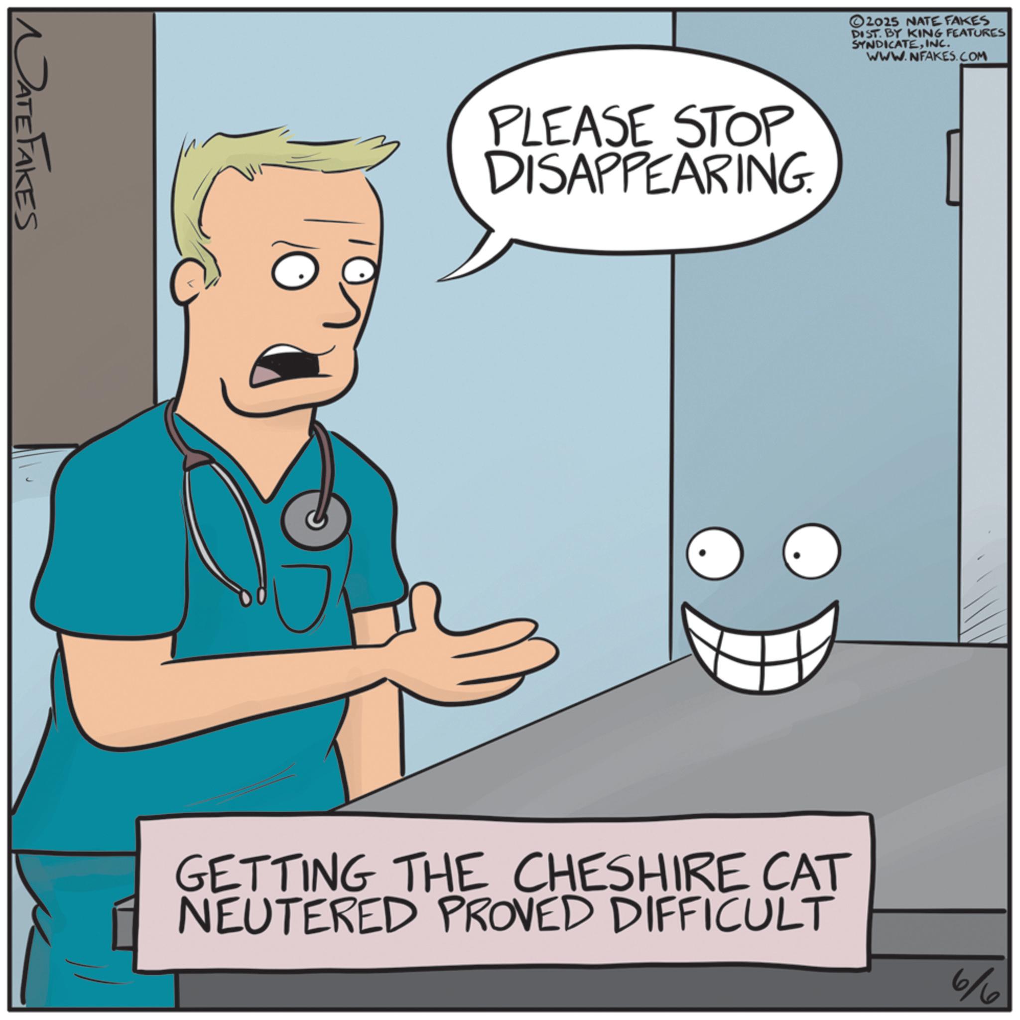 Animation OCR: NATE FAKES PLEASE STOP DISAPPEARING. ©2025 NATE FAKES DIST. BY KING FEATURES SYNDICATEINC. WWW.NFAKES.COM GETTING THE CHESHIRE CAT NEUTERED PROVED DIFFICULT 6/6 NATE FAKES PLEASE STOP DISAPPEARING . © 2025 NATE FAKES DIST . BY KING FEATURES SYNDICATEINC . WWW.NFAKES.COM GETTING THE CHESHIRE CAT NEUTERED PROVED DIFFICULT 6/6