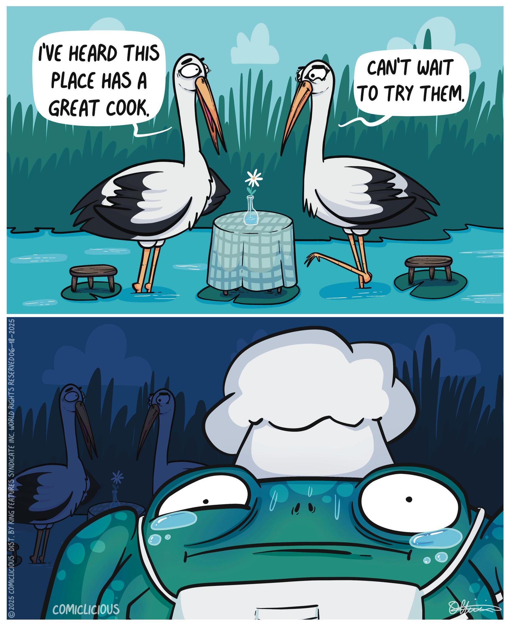 Bird OCR: 2025 COMICLICIOUS DIST. BY KING FEATURES SYNDICATE INC. WORLD RIGHTS RESERVED 06-18-2025 I'VE HEARD THIS PLACE HAS A GREAT COOK. CAN'T WAIT TO TRY THEM. COMICLICIOUS Officia 2025 COMICLICIOUS DIST . BY KING FEATURES SYNDICATE INC . WORLD RIGHTS RESERVED 06-18-2025 I'VE HEARD THIS PLACE HAS A GREAT COOK . CAN'T WAIT TO TRY THEM . COMICLICIOUS Officia