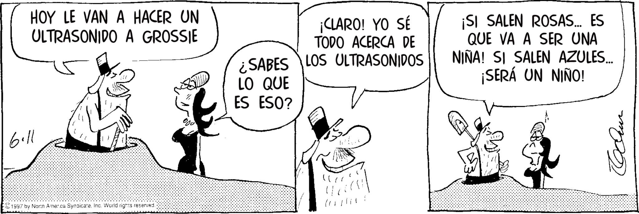 Fictional character OCR: 6.11 HOY LE VAN A HACER UN ULTRASONIDO A GROSSIE 1997 by North Amer.ca Syndicate. Inc. World rights reserved. ¡CLARO! YO SÉ ¿SABES TODO ACERCA DE LOS ULTRASONIDOS LO QUE ES ESO? ¡SI SALEN ROSAS... ES QUE VA A SER UNA NIÑA! SI SALEN AZULES... ¡SERÁ UN NIÑO! Cochur 6.11 HOY LE VAN A HACER UN ULTRASONIDO A GROSSIE 1997 by North Amer.ca Syndicate . Inc. World rights reserved . ¡ CLARO ! YO SÉ ¿ SABES TODO ACERCA DE LOS ULTRASONIDOS LO QUE ES ESO ? ¡ SI SALEN ROSAS ... ES QUE VA A SER UNA NIÑA ! SI SALEN AZULES ... ¡ SERÁ UN NIÑO ! Cochur