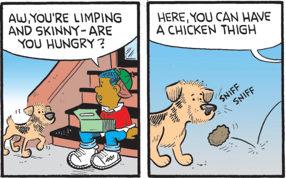 Working animal OCR: AWYOU'RE LIMPING AND SKINNY - ARE YOU HUNGRY? HEREYOU CAN HAVE A CHICKEN THIGH 5 SNIFF SNIFF AWYOU'RE LIMPING AND SKINNY - ARE YOU HUNGRY ? HEREYOU CAN HAVE A CHICKEN THIGH 5 SNIFF SNIFF