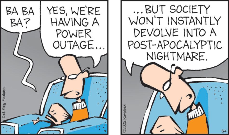 Fictional character OCR: Dist. King Features BA BA YESWE'RE BUT SOCIETY BA? HAVING A WON'T INSTANTLY POWER OUTAGE... ©2025 Kovaleski DEVOLVE INTO A POST-APOCALYPTIC NIGHTMARE. 6/4 Dist . King Features BA BA YESWE'RE BUT SOCIETY BA ? HAVING A WON'T INSTANTLY POWER OUTAGE ... © 2025 Kovaleski DEVOLVE INTO A POST - APOCALYPTIC NIGHTMARE . 6/4