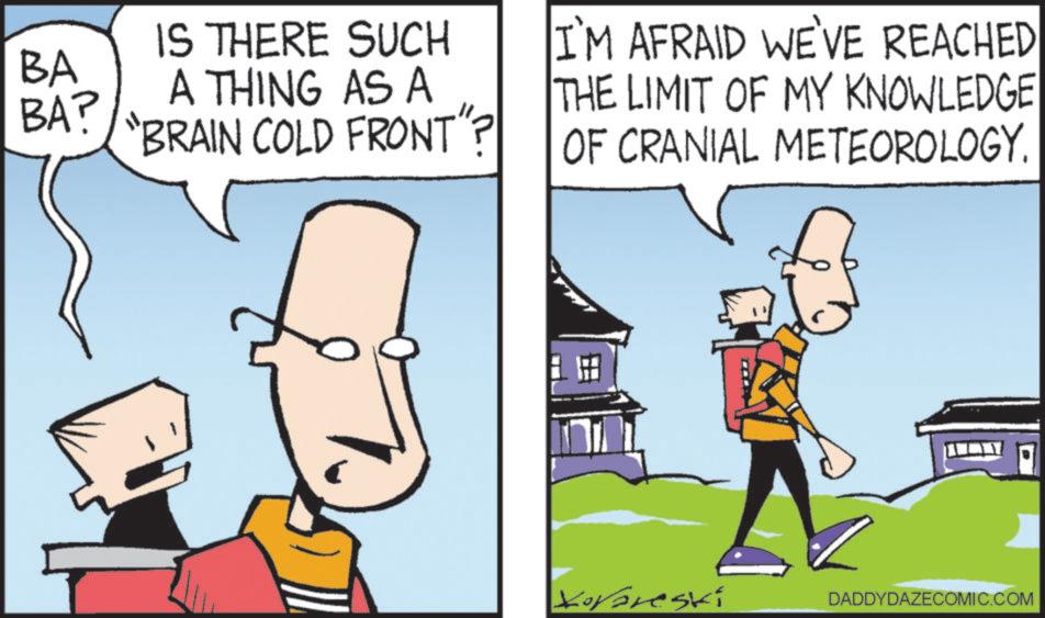 Fiction OCR: BA BA? IS THERE SUCH A THING AS A BRAIN COLD FRONT"? I'M AFRAID WE'VE REACHED THE LIMIT OF MY KNOWLEDGE OF CRANIAL METEOROLOGY. Xororeski DADDYDAZECOMIC.COM BA BA ? IS THERE SUCH A THING AS A BRAIN COLD FRONT " ? I'M AFRAID WE'VE REACHED THE LIMIT OF MY KNOWLEDGE OF CRANIAL METEOROLOGY . Xororeski DADDYDAZECOMIC.COM