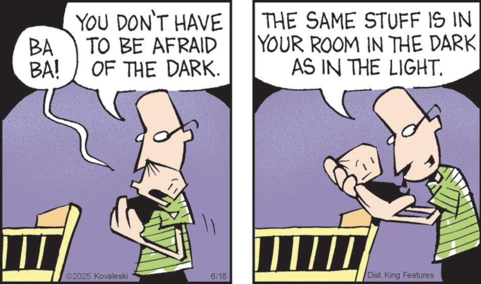 Graphic design OCR: YOU DON'T HAVE BA TO BE AFRAID BA! OF THE DARK. THE SAME STUFF IS IN YOUR ROOM IN THE DARK AS IN THE LIGHT. 2025 Kovaleski 6/18 Dist. King Features YOU DON'T HAVE BA TO BE AFRAID BA ! OF THE DARK . THE SAME STUFF IS IN YOUR ROOM IN THE DARK AS IN THE LIGHT . 2025 Kovaleski 6/18 Dist . King Features