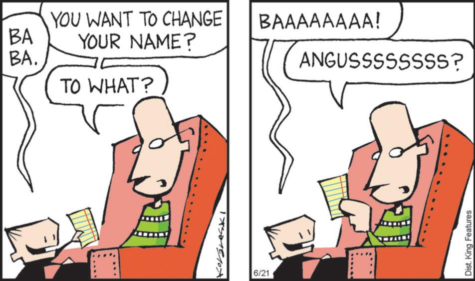 Pleased OCR: YOU WANT TO CHANGE BAAAAAAAA! BA YOUR NAME? BA. ANGUSSSSSSSS? TO WHAT? 17501510 6/21 Dist. King Features YOU WANT TO CHANGE BAAAAAAAA ! BA YOUR NAME ? BA . ANGUSSSSSSSS ? TO WHAT ? 17501510 6/21 Dist . King Features