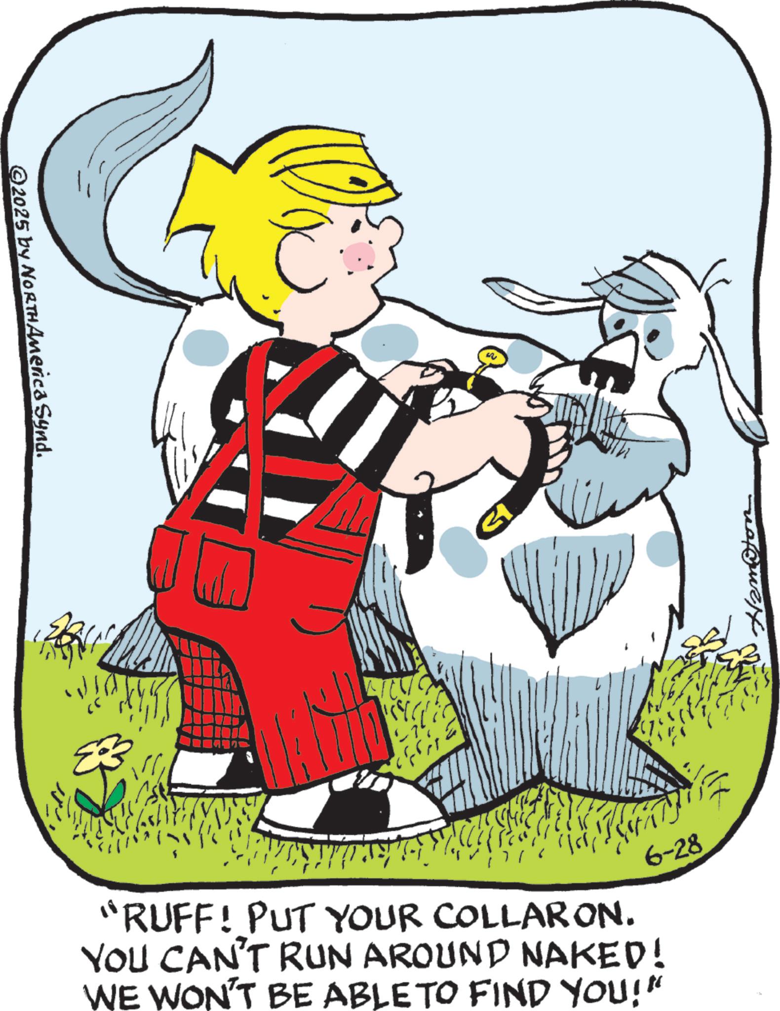 Animated cartoon OCR: ©2025 by NORTH America Synd. E ? 6-28 "RUFF! PUT YOUR COLLAR ON. YOU CAN'T RUN AROUND NAKED! WE WON'T BE ABLE TO FIND YOU!" © 2025 by NORTH America Synd . E ? 6-28 " RUFF ! PUT YOUR COLLAR ON . YOU CAN'T RUN AROUND NAKED ! WE WON'T BE ABLE TO FIND YOU ! "