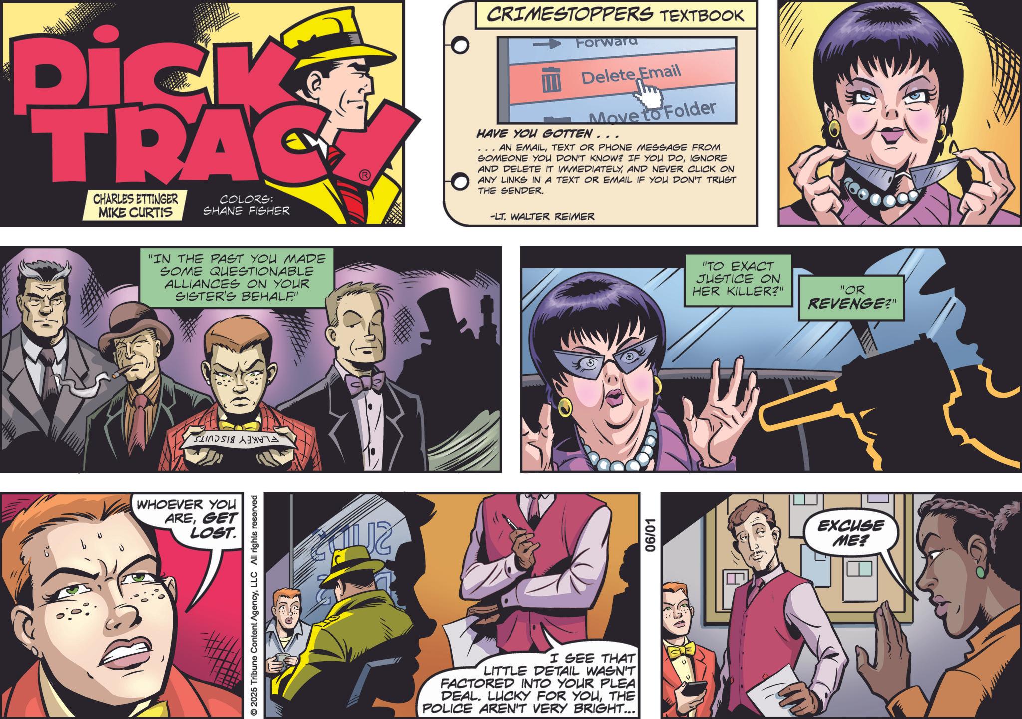 Book OCR: Dick TRAC CHARLES ETTINGER MIKE CURTIS COLORS: SHANE FISHER "IN THE PAST YOU MADE SOME QUESTIONABLE ALLIANCES ON YOUR SISTER'S BEHALF" LINE WHOEVER YOU AREGET LOST. © 2025 Tribune Content AgencyLLC All rights reserved CRIMESTOPPERS TEXTBOOK Forward Delete Email Move to Folder HAVE YOU GOTTEN... . . . AN EMAILTEXT OR PHONE MESSAGE FROM SOMEONE YOU DON'T KNOW? IF YOU DOIGNORE AND DELETE IT IMMEDIATELYAND NEVER CLICK ON ANY LINKS IN A TEXT OR EMAIL IF YOU DON'T TRUST THE SENDER. -LT. WALTER REIMER I SEE THAT LITTLE DETAIL WASN'T FACTORED INTO YOUR PLEA DEAL. LUCKY FOR YOUTHE POLICE AREN'T VERY BRIGHT... 06/01 "TO EXACT JUSTICE ON HER KILLER?" "OR REVENGE?" EXCUSE ME? Dick TRAC CHARLES ETTINGER MIKE CURTIS COLORS : SHANE FISHER " IN THE PAST YOU MADE SOME QUESTIONABLE ALLIANCES ON YOUR SISTER'S BEHALF " LINE WHOEVER YOU AREGET LOST . © 2025 Tribune Content AgencyLLC All rights reserved CRIMESTOPPERS TEXTBOOK Forward Delete Email Move to Folder HAVE YOU GOTTEN ... . . . AN EMAILTEXT OR PHONE MESSAGE FROM SOMEONE YOU DON'T KNOW ? IF YOU DOIGNORE AND DELETE IT IMMEDIATELYAND NEVER CLICK ON ANY LINKS IN A TEXT OR EMAIL IF YOU DON'T TRUST THE SENDER . -LT . WALTER REIMER I SEE THAT LITTLE DETAIL WASN'T FACTORED INTO YOUR PLEA DEAL . LUCKY FOR YOUTHE POLICE AREN'T VERY BRIGHT ... 06/01 " TO EXACT JUSTICE ON HER KILLER ? " " OR REVENGE ? " EXCUSE ME ?